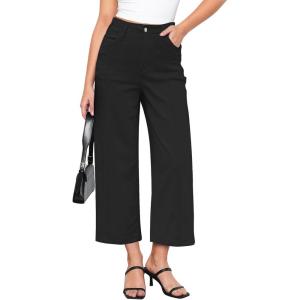 imageGRAPENT Wide Leg Jeans Woman Trendy Cropped High Waisted Front Seam Casual Stretchy Denim Trouser Jeans with PocketsTrue Black