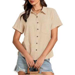 imageGRAPENT Linen Shirts for Women Trendy Button Down Shirts Short Sleeve Casual Collared Blouses Summer Tops with PocketBeige