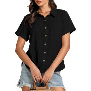 imageGRAPENT Linen Shirts for Women Trendy Button Down Shirts Short Sleeve Casual Collared Blouses Summer Tops with PocketBlack
