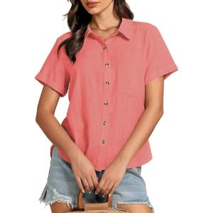 imageGRAPENT Linen Shirts for Women Trendy Button Down Shirts Short Sleeve Casual Collared Blouses Summer Tops with PocketCoral Red