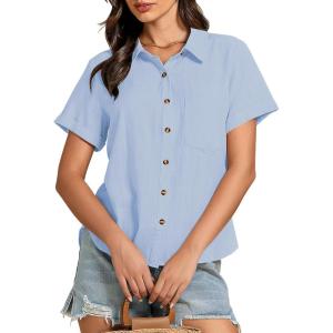 imageGRAPENT Linen Shirts for Women Trendy Button Down Shirts Short Sleeve Casual Collared Blouses Summer Tops with PocketIce Blue