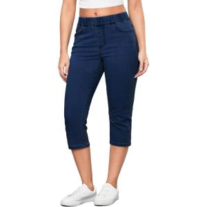 imageGRAPENT Capris Jeans for Women High Waisted Trendy Pull On Elastic Waist Split Hem Skinny Stretchy Denim Capri PantsNightfall Blue