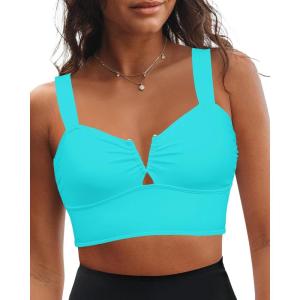 imageGRAPENT Bikini Tops for Women Cropped Tankini Tops Beach V Bar Padded Ruched Adjustable Strap Swimsuit Swim Top OnlyAqua Blue