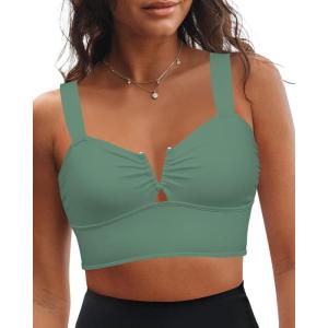 imageGRAPENT Bikini Tops for Women Cropped Tankini Tops Beach V Bar Padded Ruched Adjustable Strap Swimsuit Swim Top OnlyArmy Green