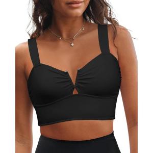 imageGRAPENT Bikini Tops for Women Cropped Tankini Tops Beach V Bar Padded Ruched Adjustable Strap Swimsuit Swim Top OnlyBlack