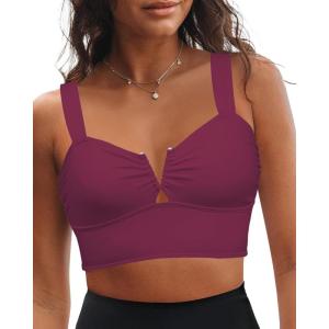 imageGRAPENT Bikini Tops for Women Cropped Tankini Tops Beach V Bar Padded Ruched Adjustable Strap Swimsuit Swim Top OnlyPlum