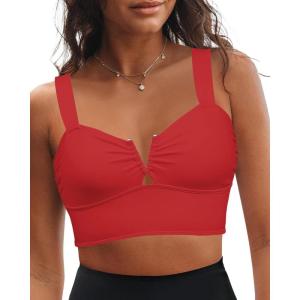 imageGRAPENT Bikini Tops for Women Cropped Tankini Tops Beach V Bar Padded Ruched Adjustable Strap Swimsuit Swim Top OnlyRed