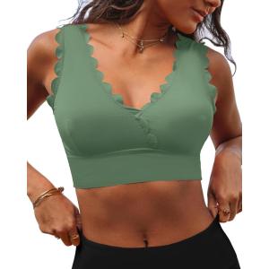 imageGRAPENT Bikini Tops for Women Scalloped Bathing Suit Beach Padded Adjustable Cropped Tankini Swimwear Swim Top OnlyArmy Green