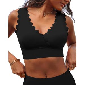 imageGRAPENT Bikini Tops for Women Scalloped Bathing Suit Beach Padded Adjustable Cropped Tankini Swimwear Swim Top OnlyBlack