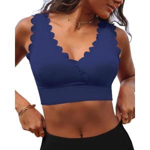 imageGRAPENT Bikini Tops for Women Scalloped Bathing Suit Beach Padded Adjustable Cropped Tankini Swimwear Swim Top OnlyNavy Blue