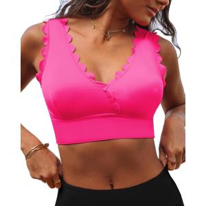 imageGRAPENT Bikini Tops for Women Scalloped Bathing Suit Beach Padded Adjustable Cropped Tankini Swimwear Swim Top OnlyNeon Pink