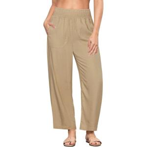 imageGRAPENT Linen Pants Women Wide Leg High Waisted Cropped Barrel Pull On Smocked Elastic Waist Summer Pants with PocketsAlmond