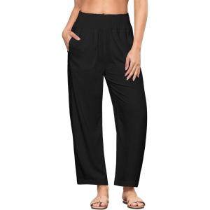 imageGRAPENT Linen Pants Women Wide Leg High Waisted Cropped Barrel Pull On Smocked Elastic Waist Summer Pants with PocketsBlack