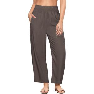 imageGRAPENT Linen Pants Women Wide Leg High Waisted Cropped Barrel Pull On Smocked Elastic Waist Summer Pants with PocketsCoffee Brown