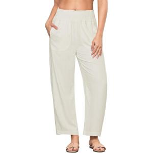 imageGRAPENT Linen Pants Women Wide Leg High Waisted Cropped Barrel Pull On Smocked Elastic Waist Summer Pants with PocketsCream White
