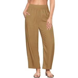imageGRAPENT Linen Pants Women Wide Leg High Waisted Cropped Barrel Pull On Smocked Elastic Waist Summer Pants with PocketsGolden Brown