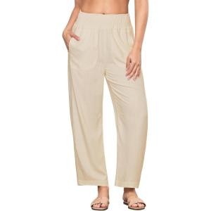 imageGRAPENT Linen Pants Women Wide Leg High Waisted Cropped Barrel Pull On Smocked Elastic Waist Summer Pants with PocketsLight Beige