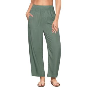 imageGRAPENT Linen Pants Women Wide Leg High Waisted Cropped Barrel Pull On Smocked Elastic Waist Summer Pants with PocketsOlive Green
