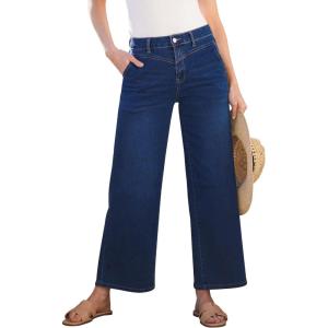 imageGRAPENT Wide Leg Jeans for Women Trendy Cropped High Waisted Front Yoke Casual Stretchy Denim Trousers Ankle Pants JeansDarkness Blue