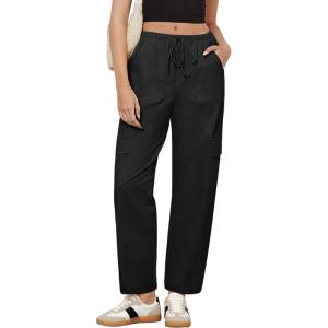 imageGRAPENT Wide Leg Pants Woman Cargo High Waisted Cotton Pull On Elastic Waist Drawstring Baggy Cinch Hem Joggers PantsBlack