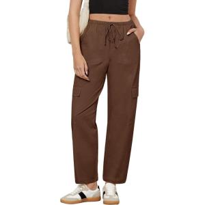 imageGRAPENT Wide Leg Pants Woman Cargo High Waisted Cotton Pull On Elastic Waist Drawstring Baggy Cinch Hem Joggers PantsBrown