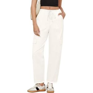 imageGRAPENT Wide Leg Pants Woman Cargo High Waisted Cotton Pull On Elastic Waist Drawstring Baggy Cinch Hem Joggers PantsCream White