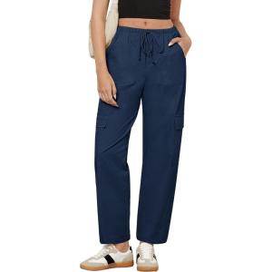 imageGRAPENT Wide Leg Pants Woman Cargo High Waisted Cotton Pull On Elastic Waist Drawstring Baggy Cinch Hem Joggers PantsDark Blue