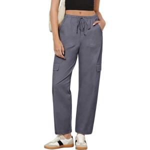 imageGRAPENT Wide Leg Pants Woman Cargo High Waisted Cotton Pull On Elastic Waist Drawstring Baggy Cinch Hem Joggers PantsDark Grey