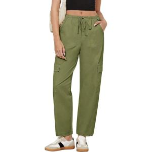 imageGRAPENT Wide Leg Pants Woman Cargo High Waisted Cotton Pull On Elastic Waist Drawstring Baggy Cinch Hem Joggers PantsOlive Green