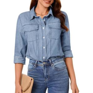 imageGRAPENT Denim Button Down Shirts for Women Long Sleeve Western Casual Lightweight Collared Pocket Jean Shirt Shacket TopBay Blue