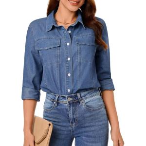 imageGRAPENT Denim Button Down Shirts for Women Long Sleeve Western Casual Lightweight Collared Pocket Jean Shirt Shacket TopIndigo Classic Blue