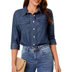 imageGRAPENT Denim Button Down Shirts for Women Long Sleeve Western Casual Lightweight Collared Pocket Jean Shirt Shacket TopIndigo Dark Blue