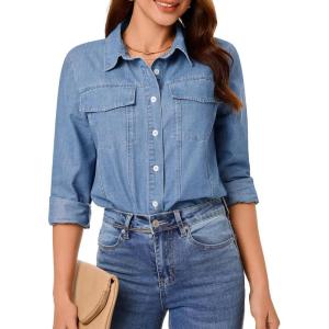 imageGRAPENT Denim Button Down Shirts for Women Long Sleeve Western Casual Lightweight Collared Pocket Jean Shirt Shacket TopIndigo Medium Blue