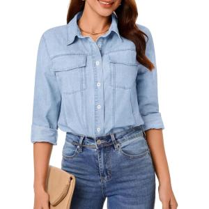 imageGRAPENT Denim Button Down Shirts for Women Long Sleeve Western Casual Lightweight Collared Pocket Jean Shirt Shacket TopRoadknight Blue