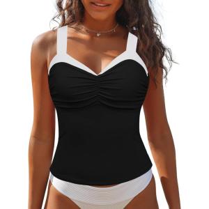 imageGRAPENT Tankini Tops for Women Colorblock Ruched Swimsuits Beach Padded Adjustable Straps Modest Swimwear Swim Tops OnlyBlack