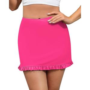 imageGRAPENT Womens Swim Skirt High Waisted Bikini Tankini Bathing Suits Boyshort Bottoms Ruffle Swimsuit Skirts with PocketNeon Pink