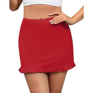 imageGRAPENT Womens Swim Skirt High Waisted Bikini Tankini Bathing Suits Boyshort Bottoms Ruffle Swimsuit Skirts with PocketRed