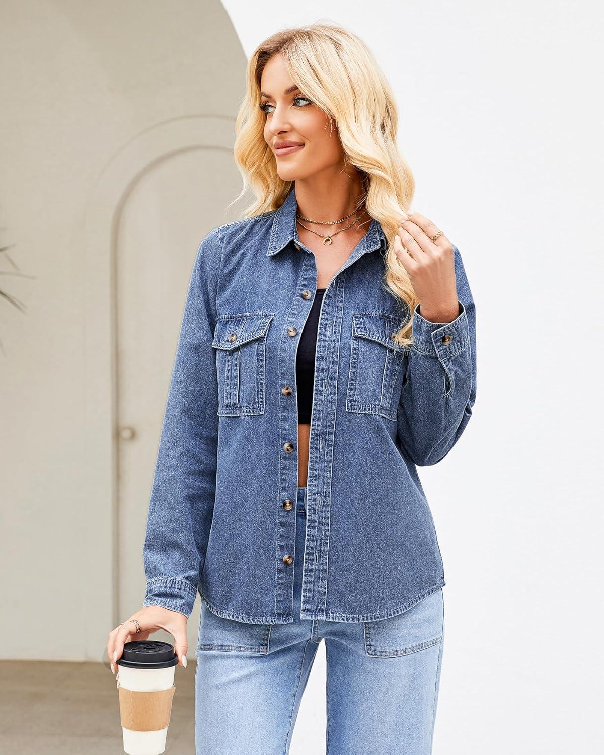 imageGRAPENT Denim Button Down Shirts for Women Long Sleeve Western Top Casual Cotton Relaxed Fit Jean Shirt Jacket ShacketClassic Blue