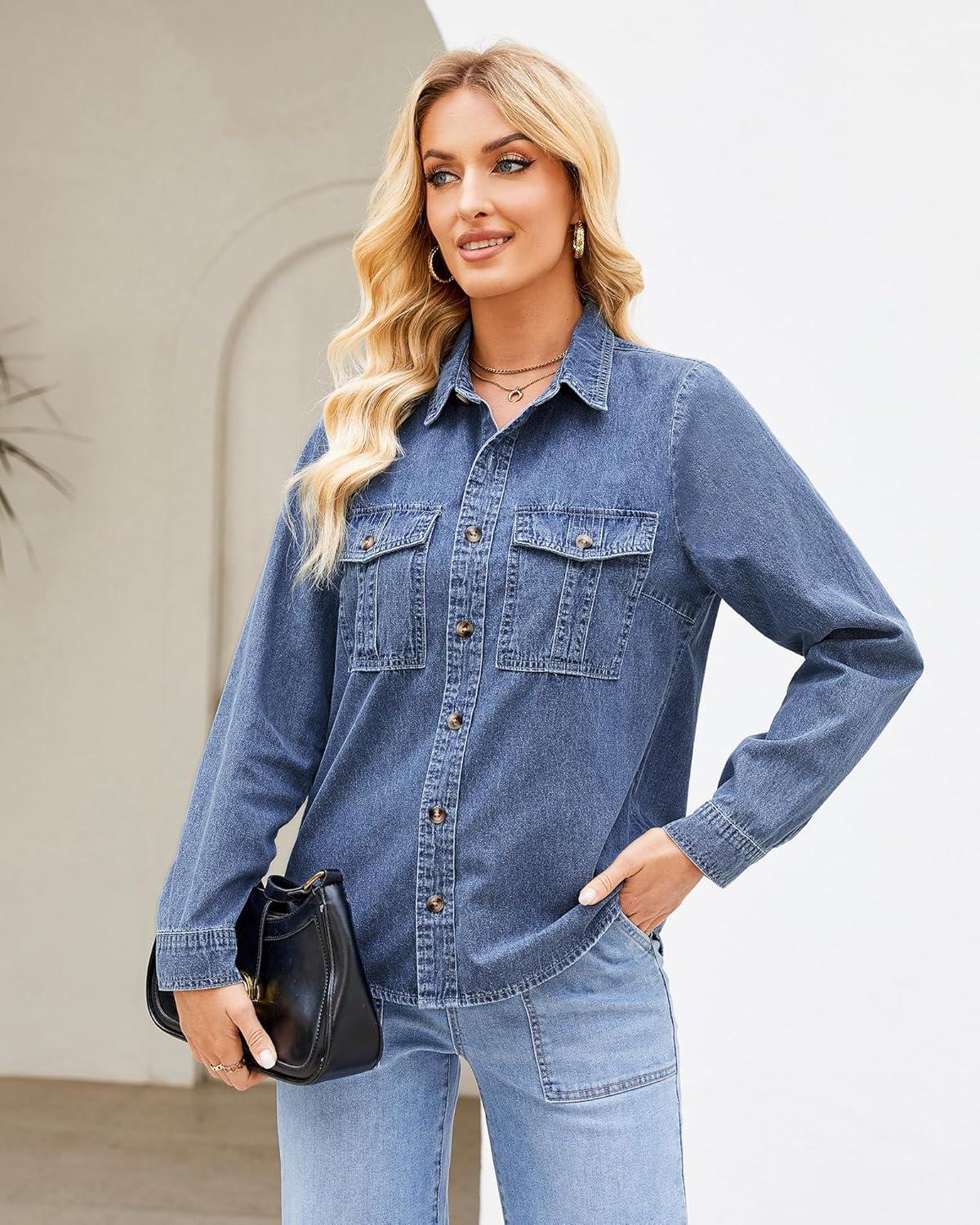imageGRAPENT Denim Button Down Shirts for Women Long Sleeve Western Top Casual Cotton Relaxed Fit Jean Shirt Jacket ShacketClassic Blue