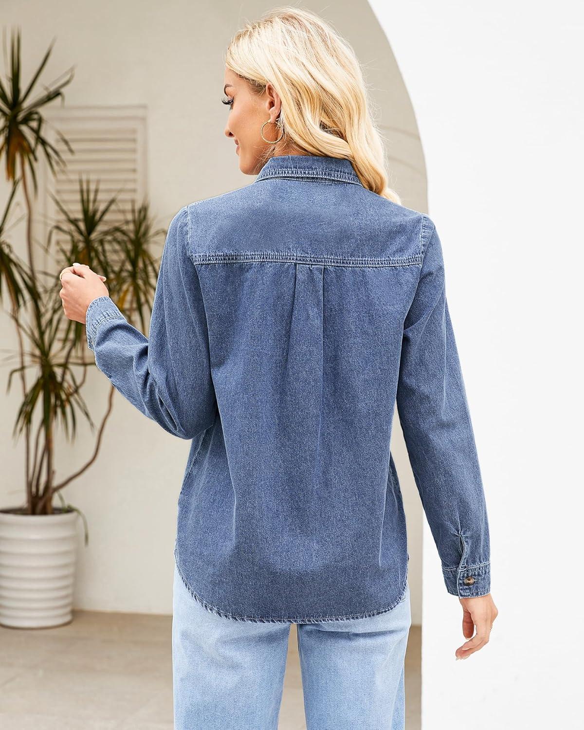 imageGRAPENT Denim Button Down Shirts for Women Long Sleeve Western Top Casual Cotton Relaxed Fit Jean Shirt Jacket ShacketClassic Blue