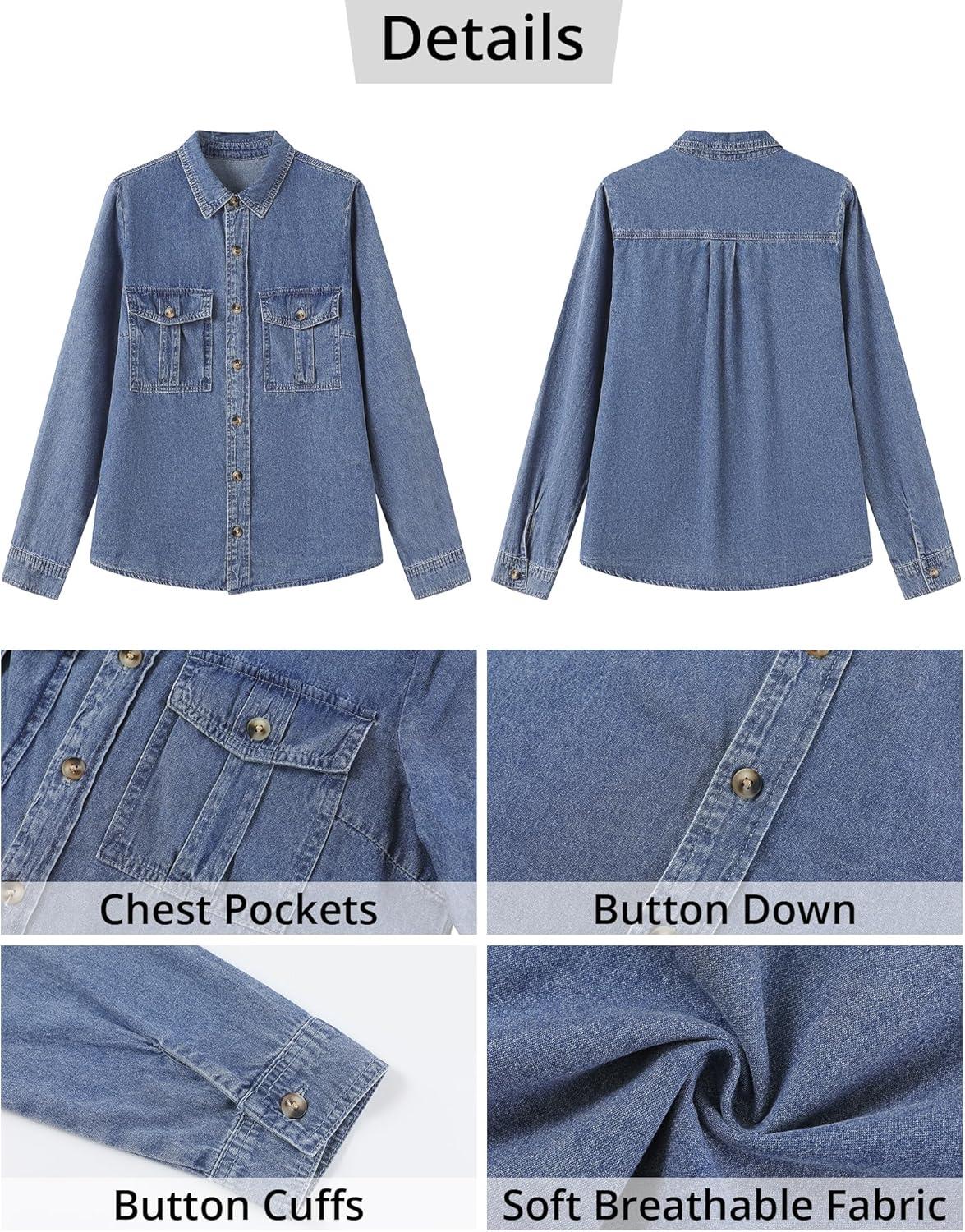 imageGRAPENT Denim Button Down Shirts for Women Long Sleeve Western Top Casual Cotton Relaxed Fit Jean Shirt Jacket ShacketClassic Blue