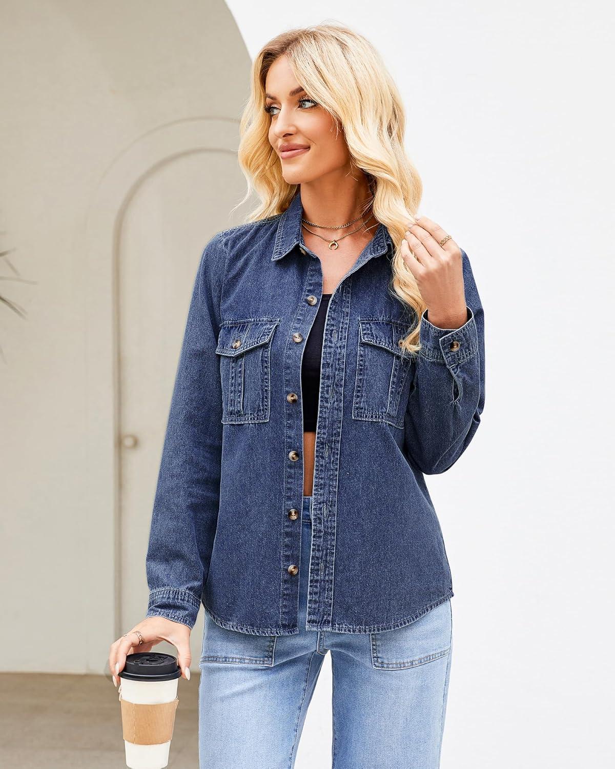 imageGRAPENT Denim Button Down Shirts for Women Long Sleeve Western Top Casual Cotton Relaxed Fit Jean Shirt Jacket ShacketCobalt Blue