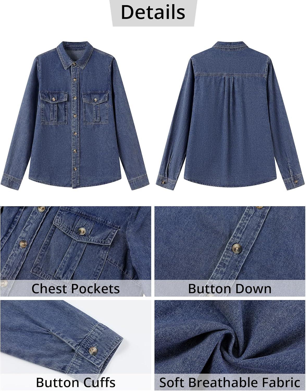 imageGRAPENT Denim Button Down Shirts for Women Long Sleeve Western Top Casual Cotton Relaxed Fit Jean Shirt Jacket ShacketCobalt Blue