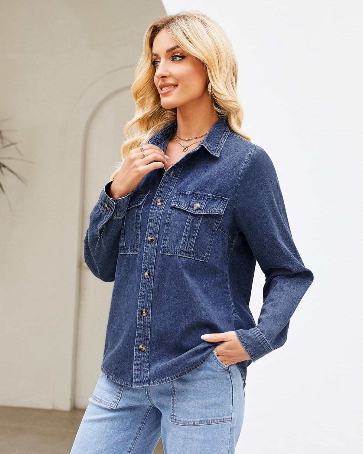 imageGRAPENT Denim Button Down Shirts for Women Long Sleeve Western Top Casual Cotton Relaxed Fit Jean Shirt Jacket ShacketCobalt Blue