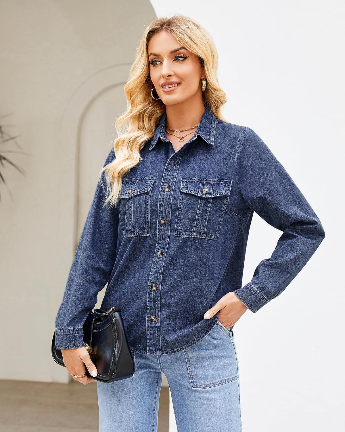 imageGRAPENT Denim Button Down Shirts for Women Long Sleeve Western Top Casual Cotton Relaxed Fit Jean Shirt Jacket ShacketCobalt Blue