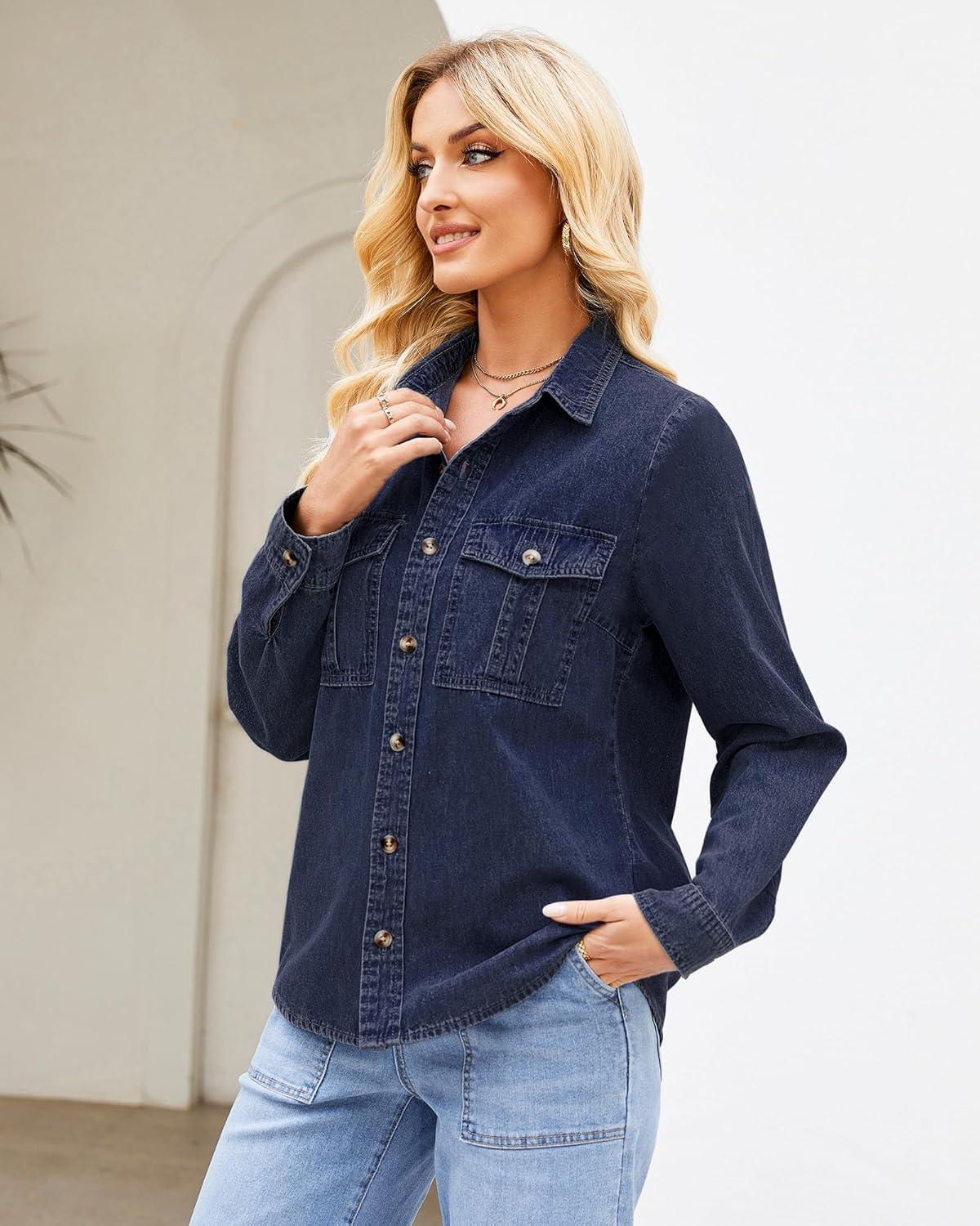 imageGRAPENT Denim Button Down Shirts for Women Long Sleeve Western Top Casual Cotton Relaxed Fit Jean Shirt Jacket ShacketDarkness Blue
