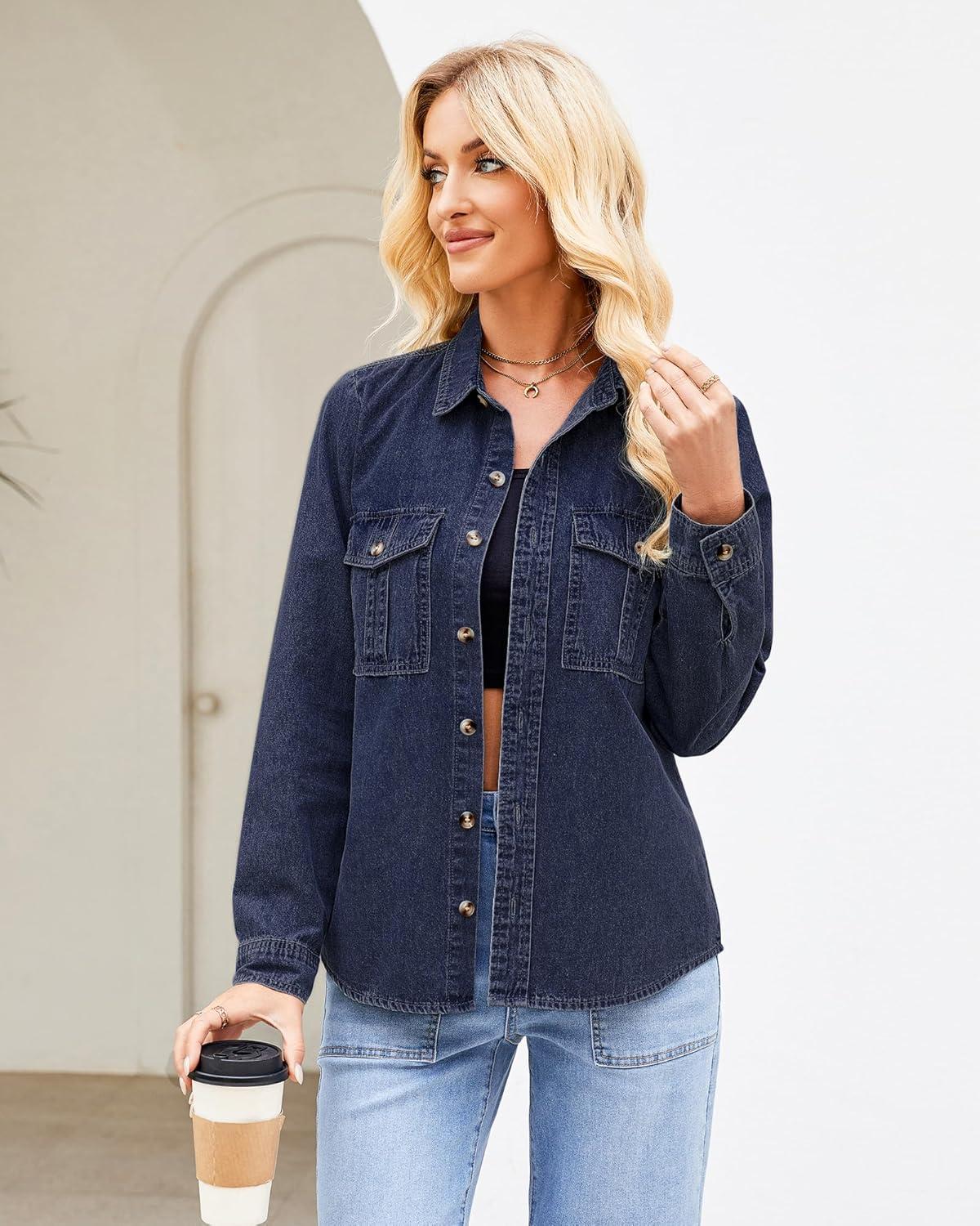 imageGRAPENT Denim Button Down Shirts for Women Long Sleeve Western Top Casual Cotton Relaxed Fit Jean Shirt Jacket ShacketDarkness Blue