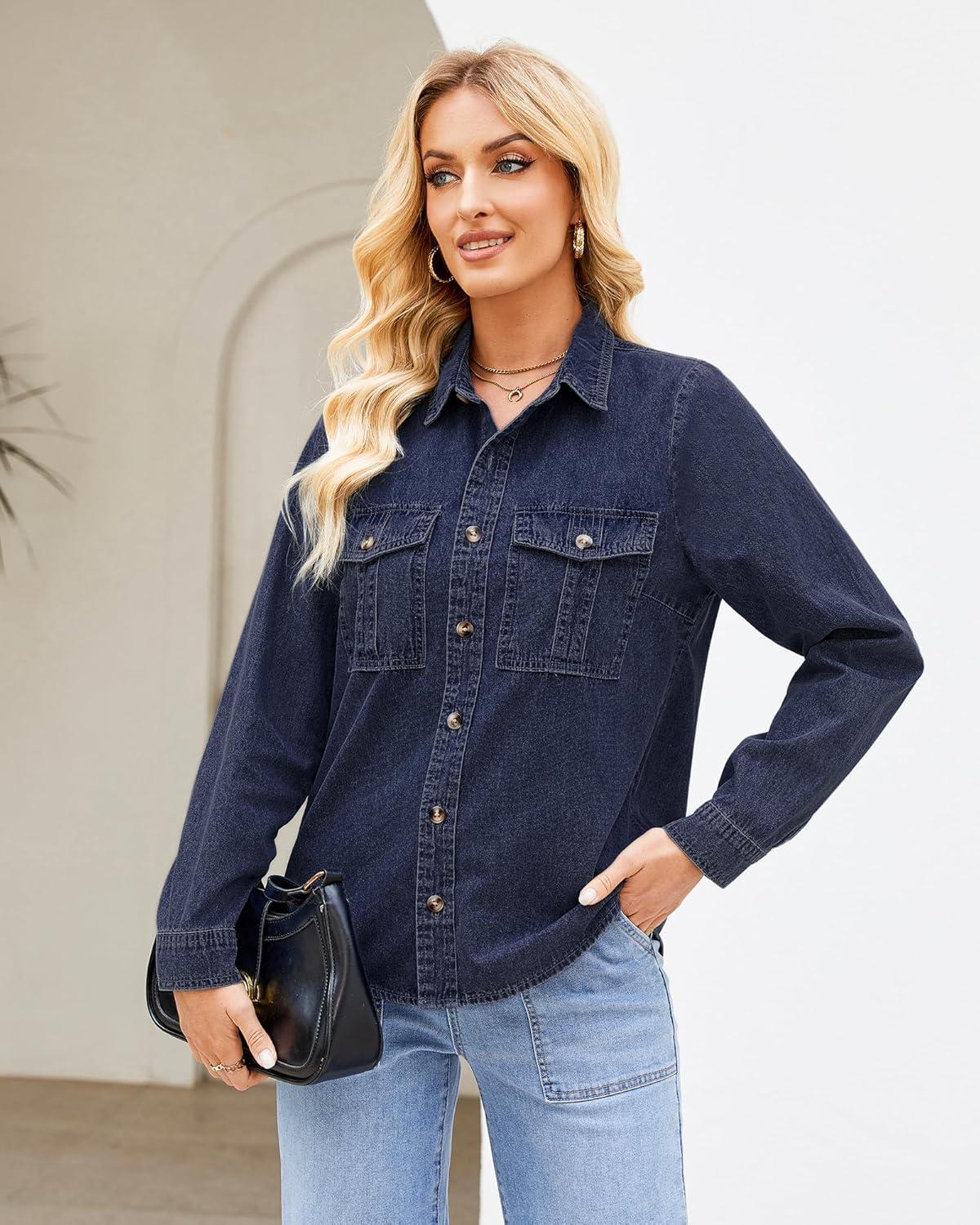 imageGRAPENT Denim Button Down Shirts for Women Long Sleeve Western Top Casual Cotton Relaxed Fit Jean Shirt Jacket ShacketDarkness Blue