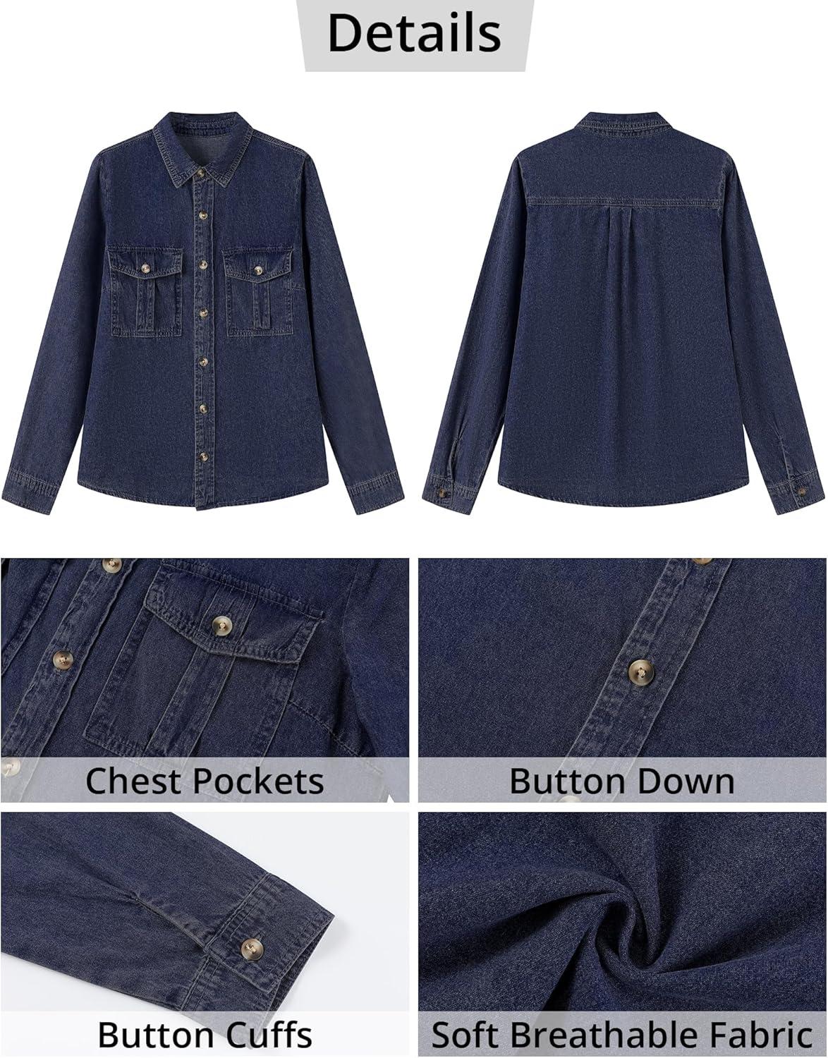 imageGRAPENT Denim Button Down Shirts for Women Long Sleeve Western Top Casual Cotton Relaxed Fit Jean Shirt Jacket ShacketDarkness Blue