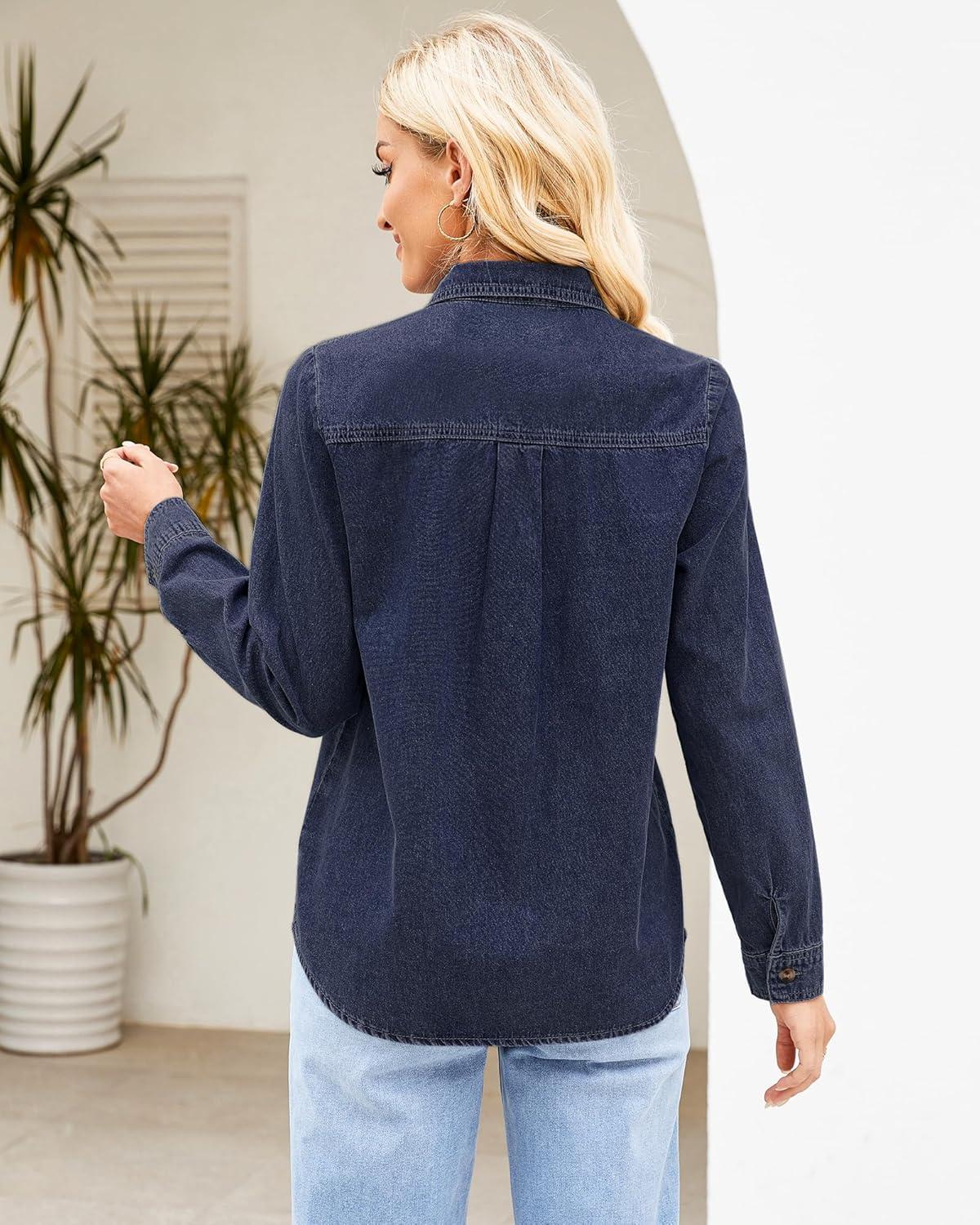 imageGRAPENT Denim Button Down Shirts for Women Long Sleeve Western Top Casual Cotton Relaxed Fit Jean Shirt Jacket ShacketDarkness Blue